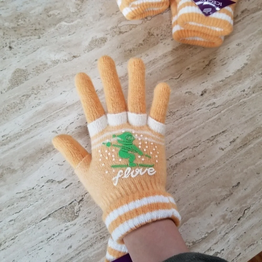 Set of 3 NEW Orange White Double Layered 2 in 1 Wool Blend Cozy Warm Gloves